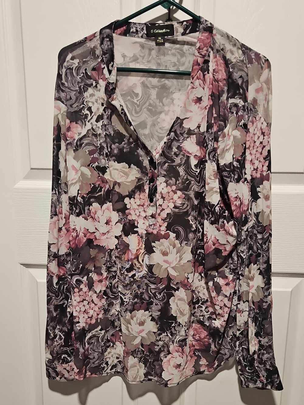 G Collection Floral V-Neck Long Sleeve Blouse - Pink & Black